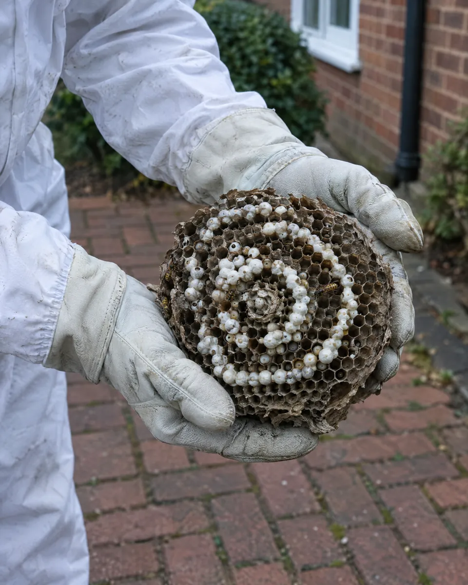 Gloved hands holding a wasp comb removed whole from a nest